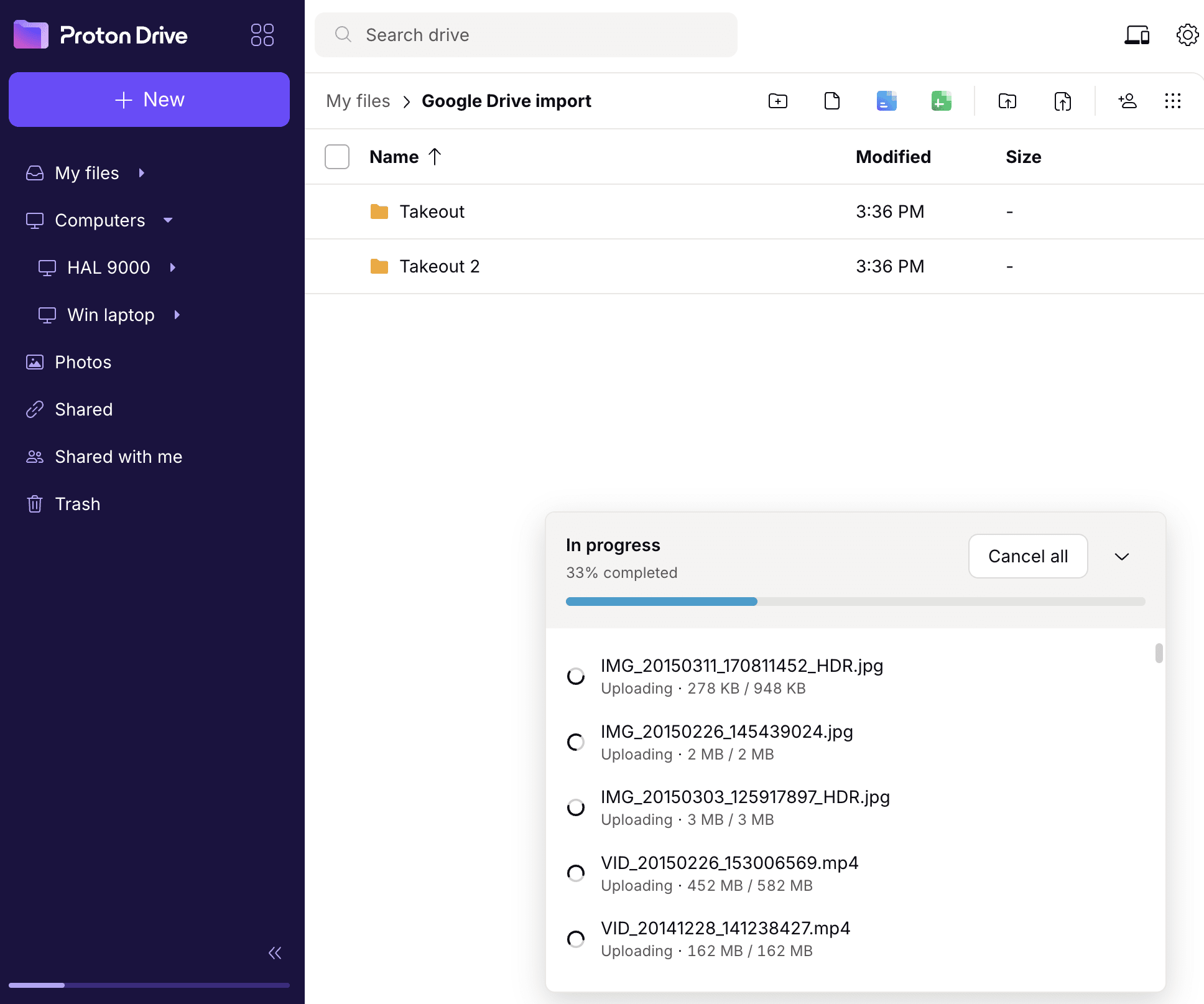 How to upload Google Drive files or folders to Proton Drive using the web app