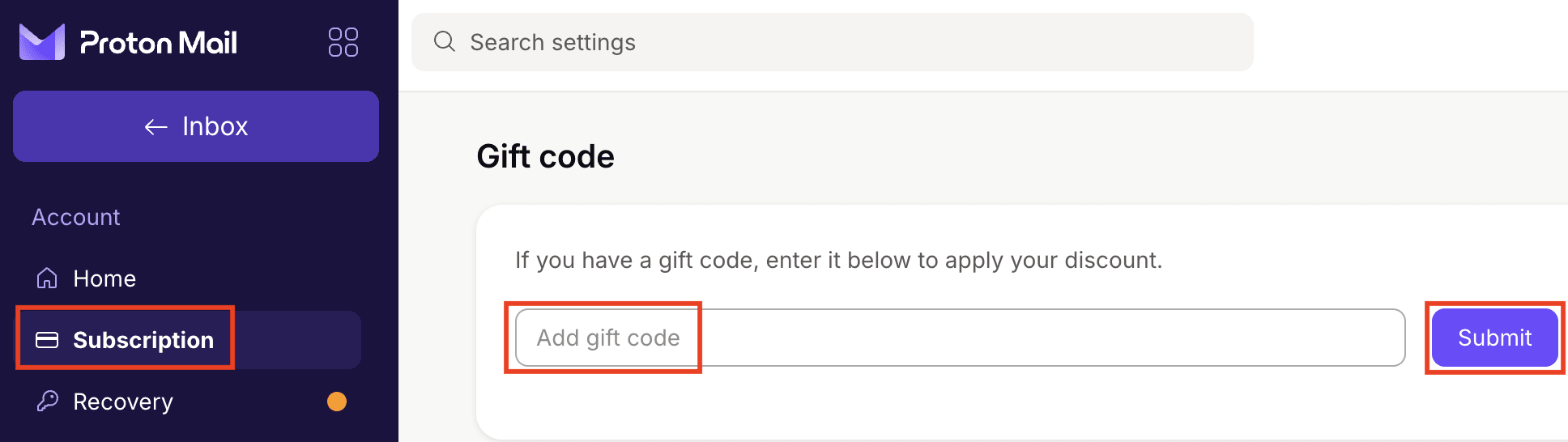 How to add a gift account through Proton Account settings