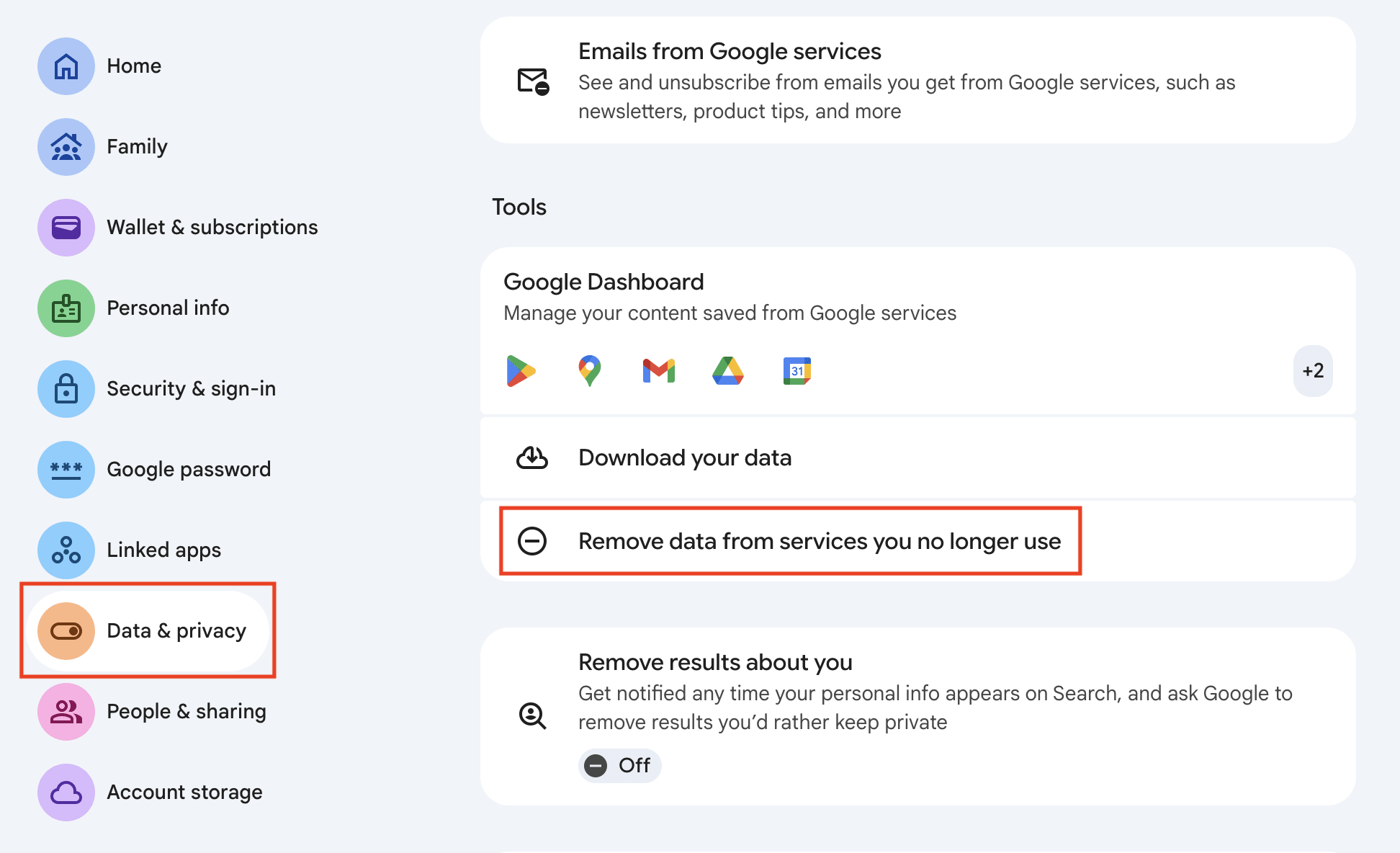 Google Account settings highlighting the "Remove data from services you no longer use" option