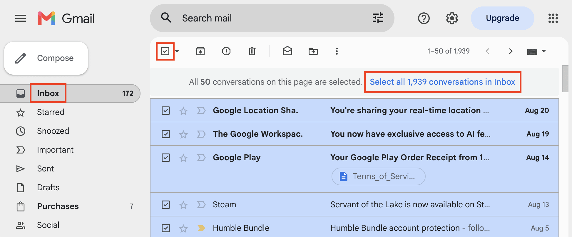 Gmail shows how to delete all conversations in Inbox