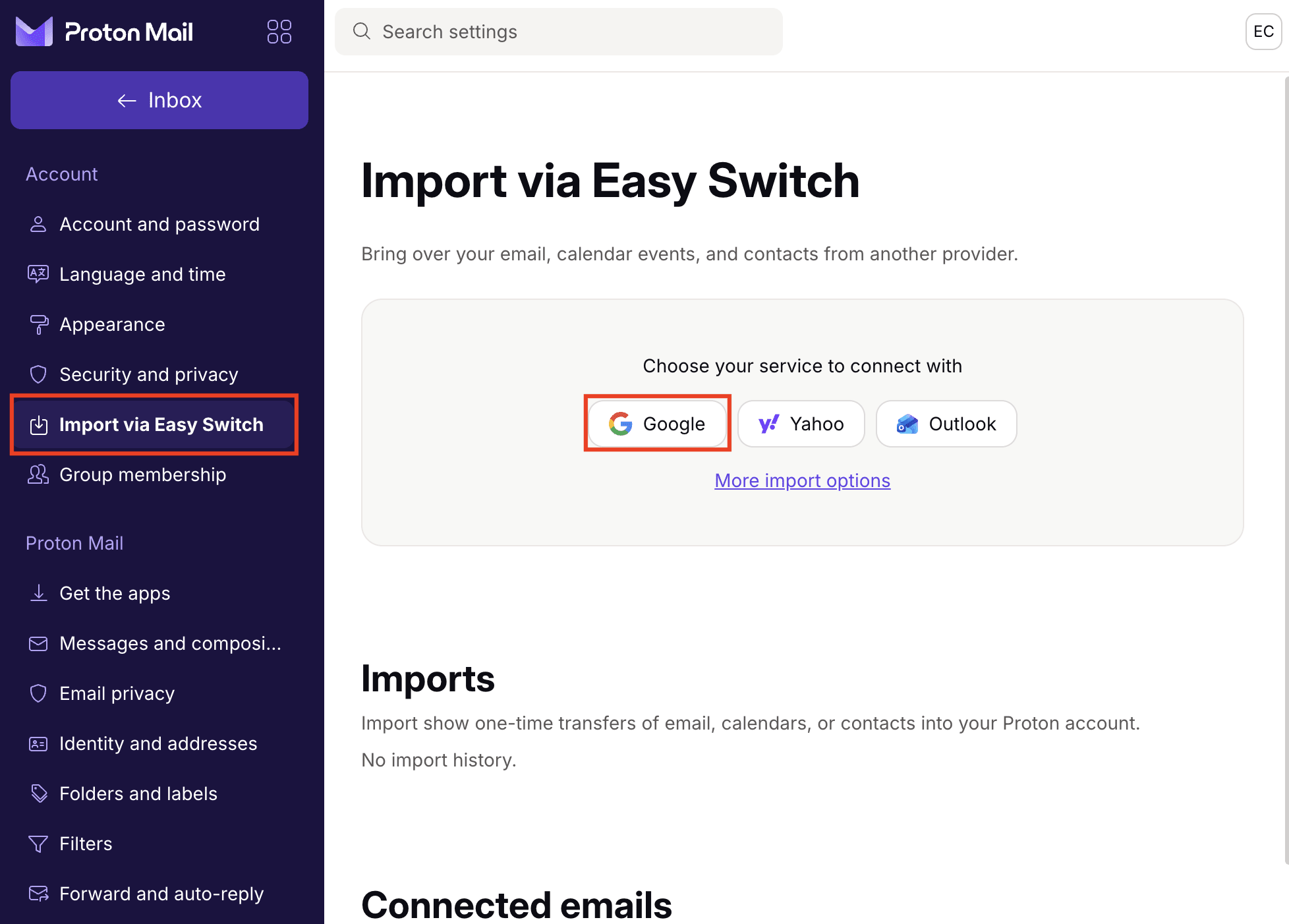 Proton Easy Switch highlights the Gmail option