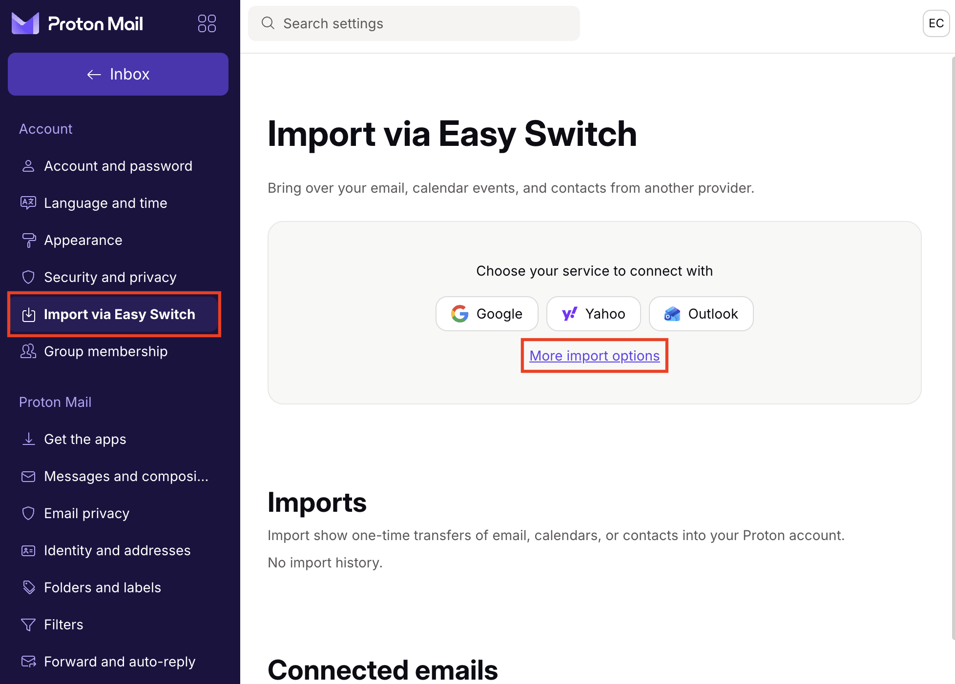 The Proton Easy Switch highlights the "More import options" setting