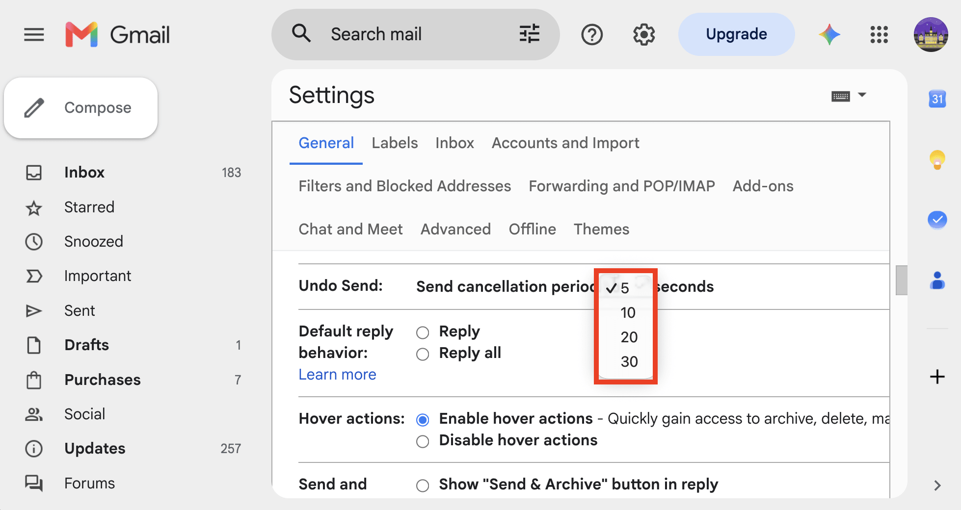 Gmail Undo Send settings