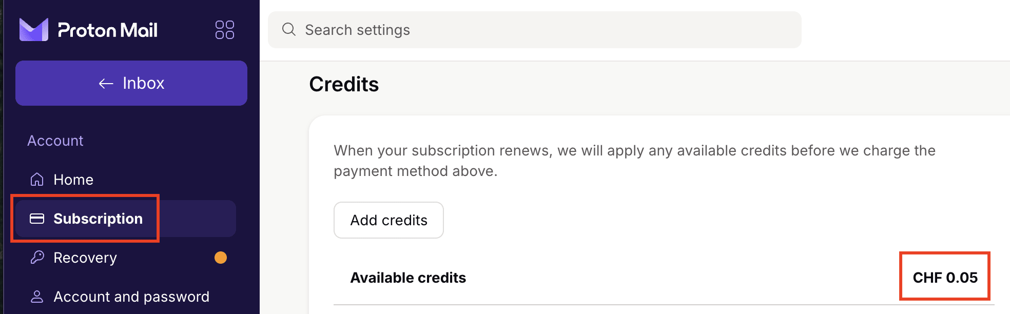 How to check your available credits in your Proton Account settings
