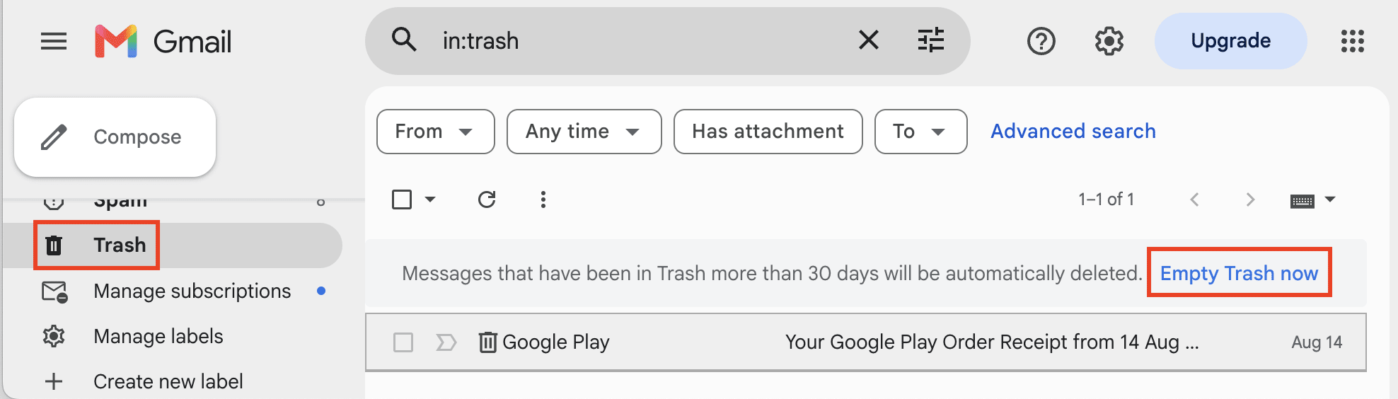 Gmail shows how to empty Trash now