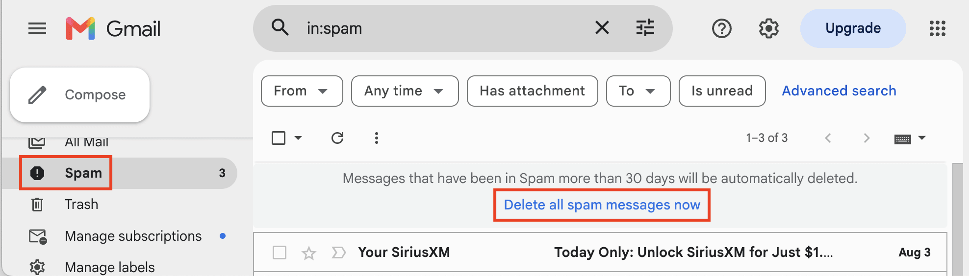Gmail shows how to delete all spam messages now