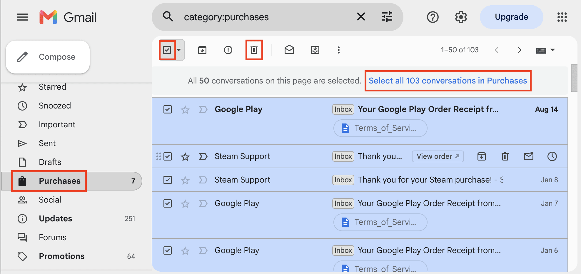 Gmail shows how to delete all conversations in Purchases