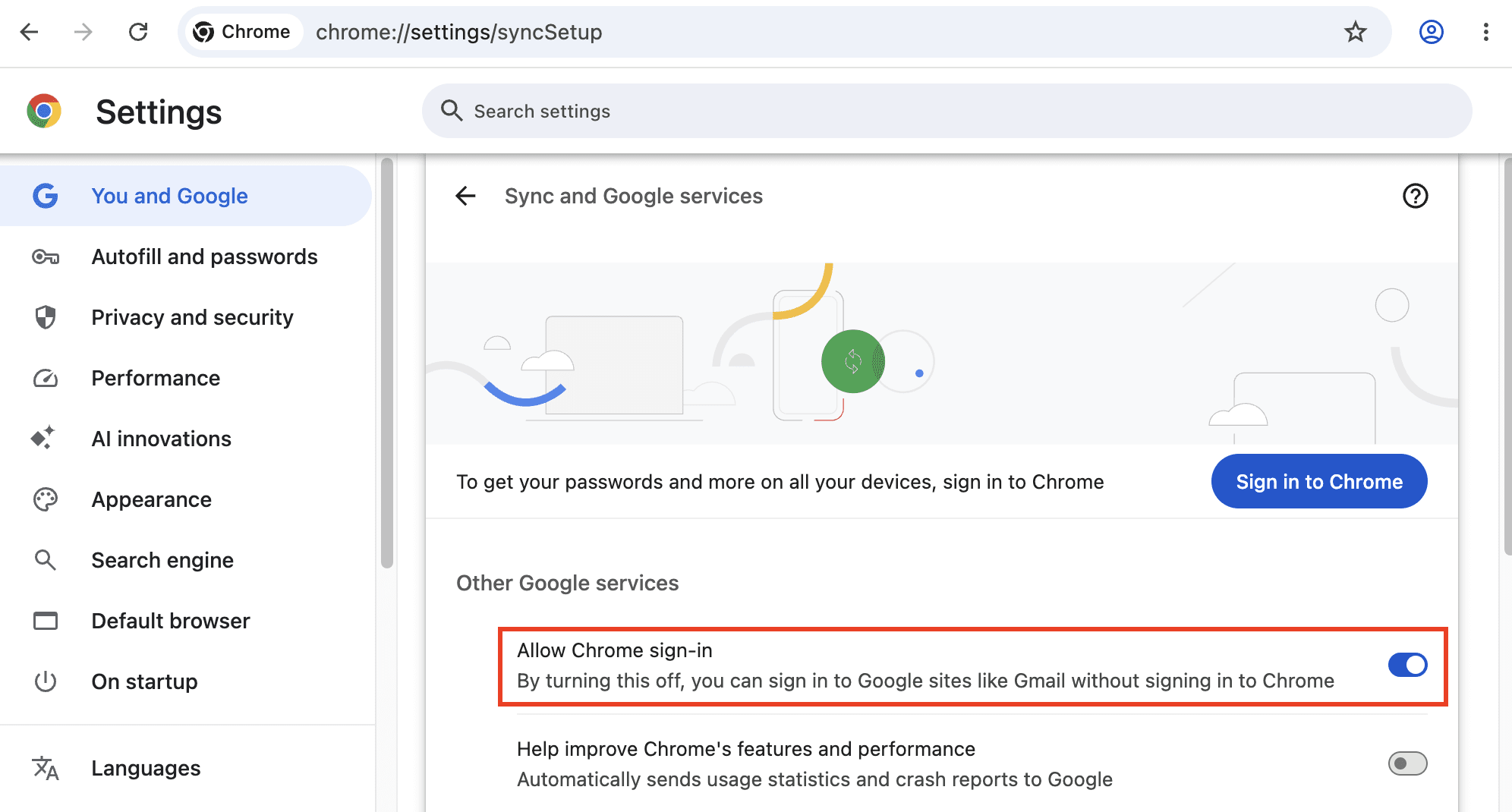 Google Chrome shows how to disable Chrome sign-in