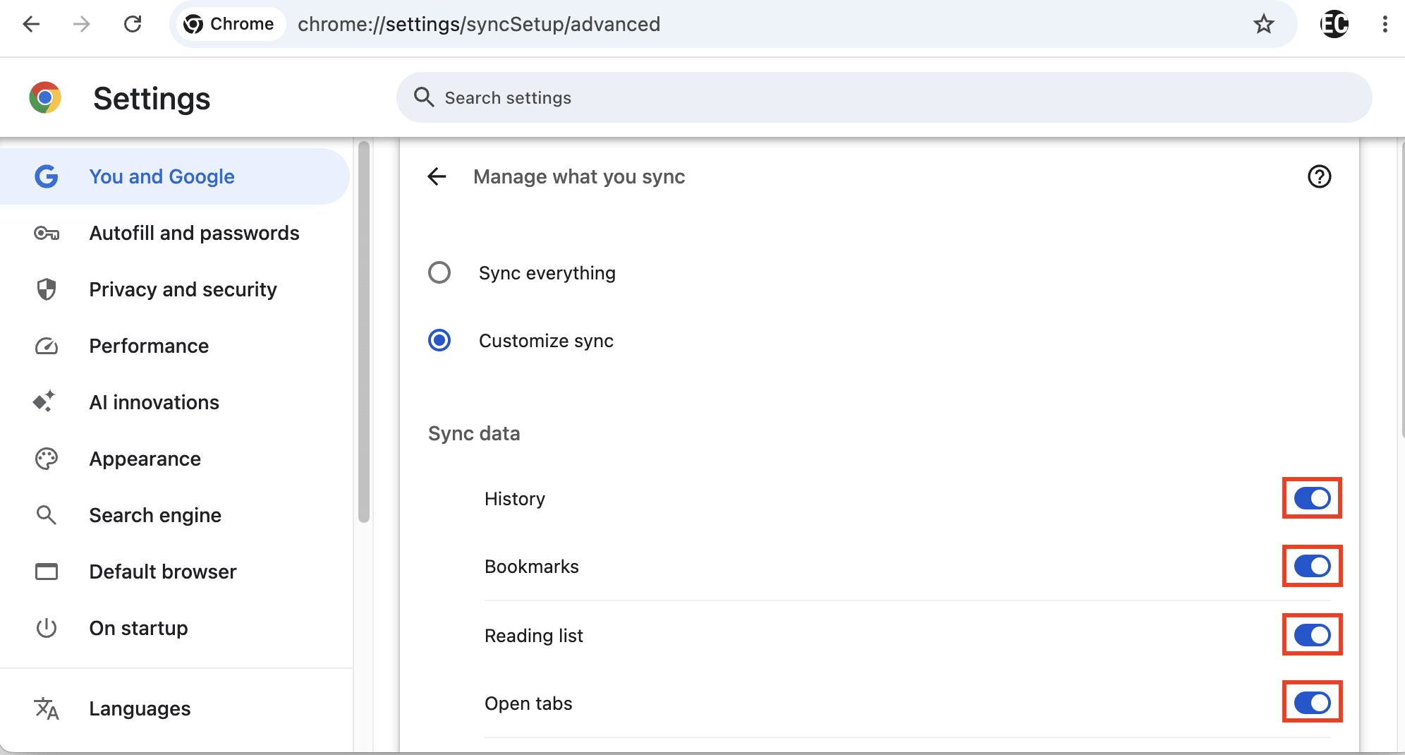 Google Chrome shows how to customize sync data