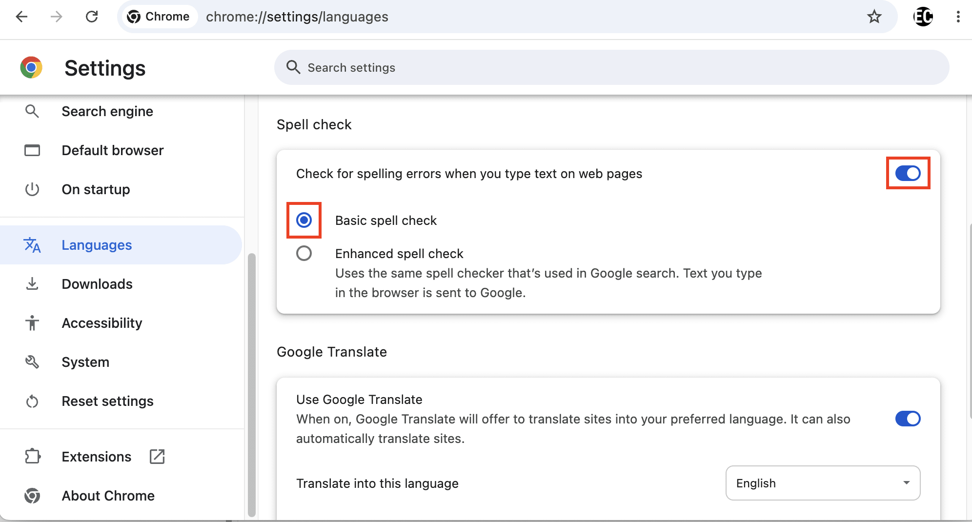 Google Chrome shows how to switch to "Basic spell check" or disable "Check for spelling errors when you type text on web pages"
