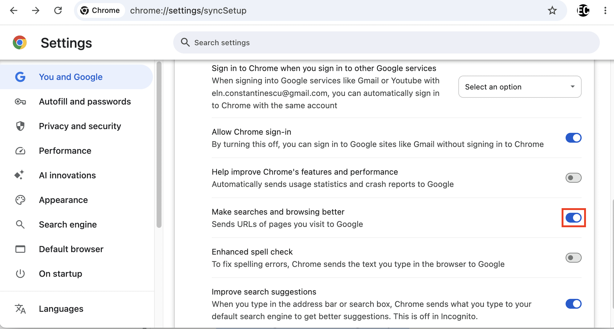 Google Chrome shows how to disable "Make searches and browsing better"