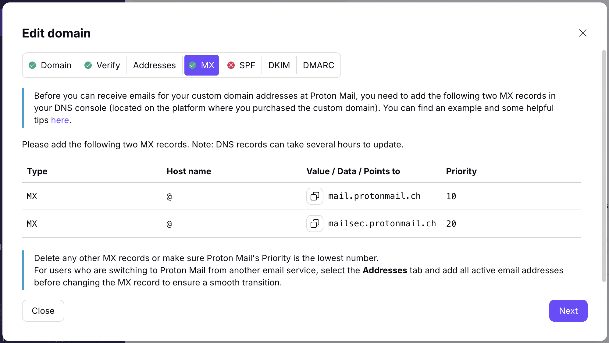 How to update your MX records when using custom domains in Proton Mail