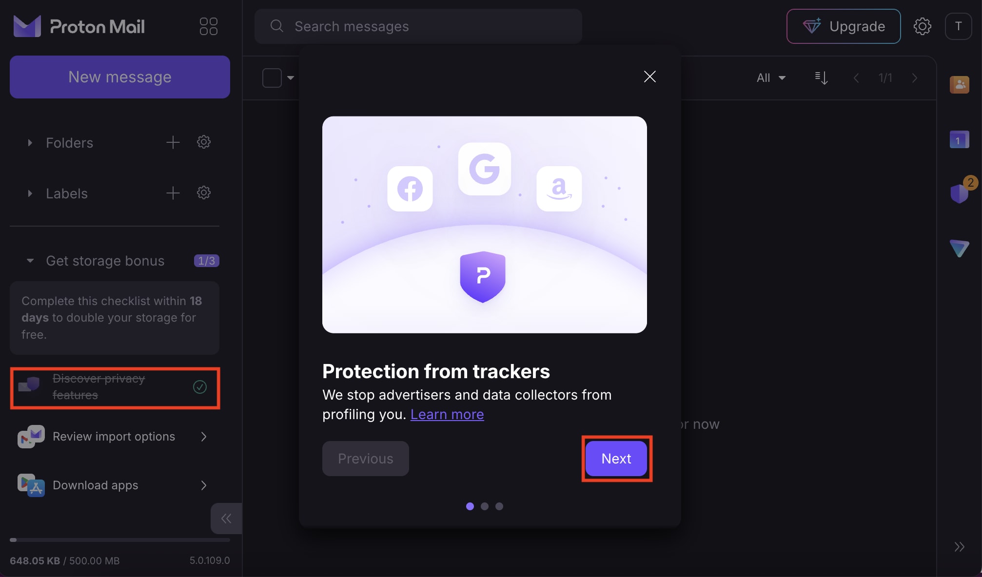 The Proton Mail 'Get storage bonus' steps