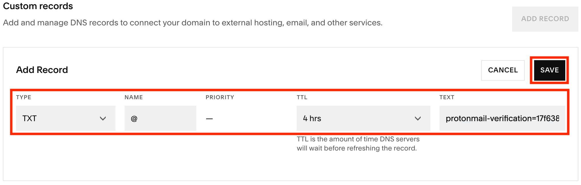 How to add a new record to Squarespace DNS settings