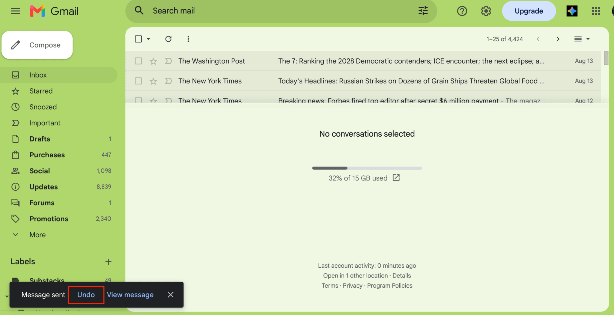 Gmail shows the Undo button