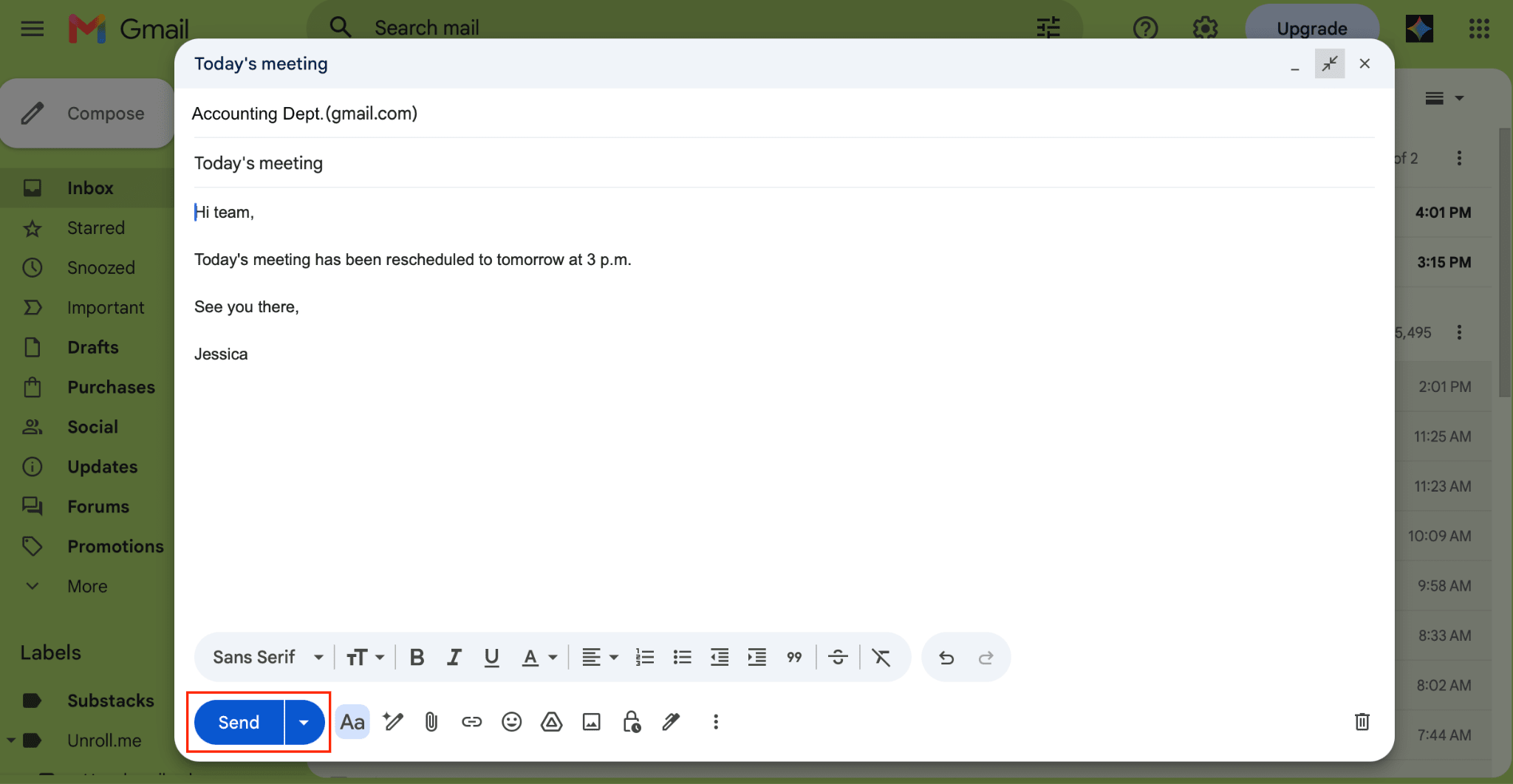 Gmail shows the 'Send' button