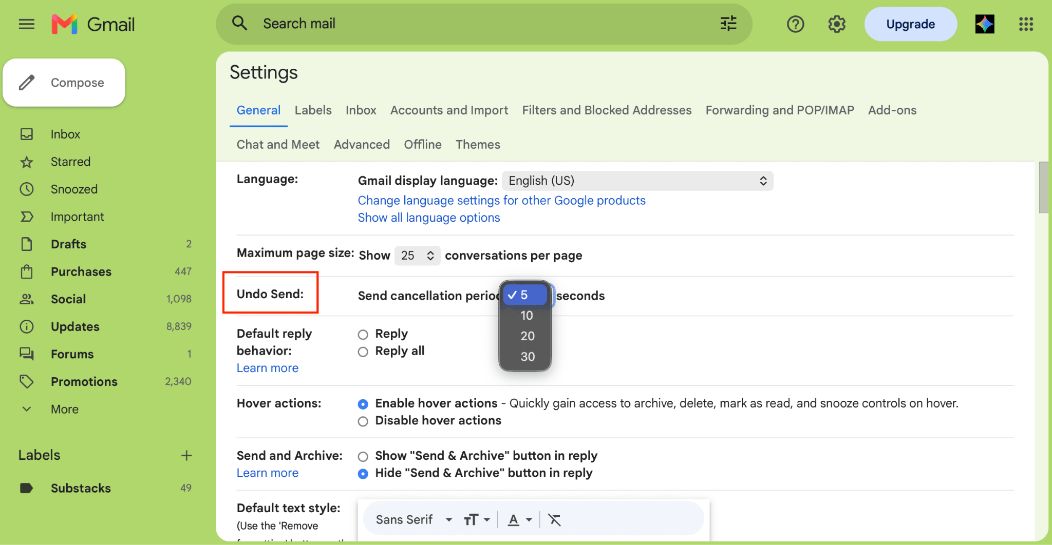 Gmail shows Undo Send settings