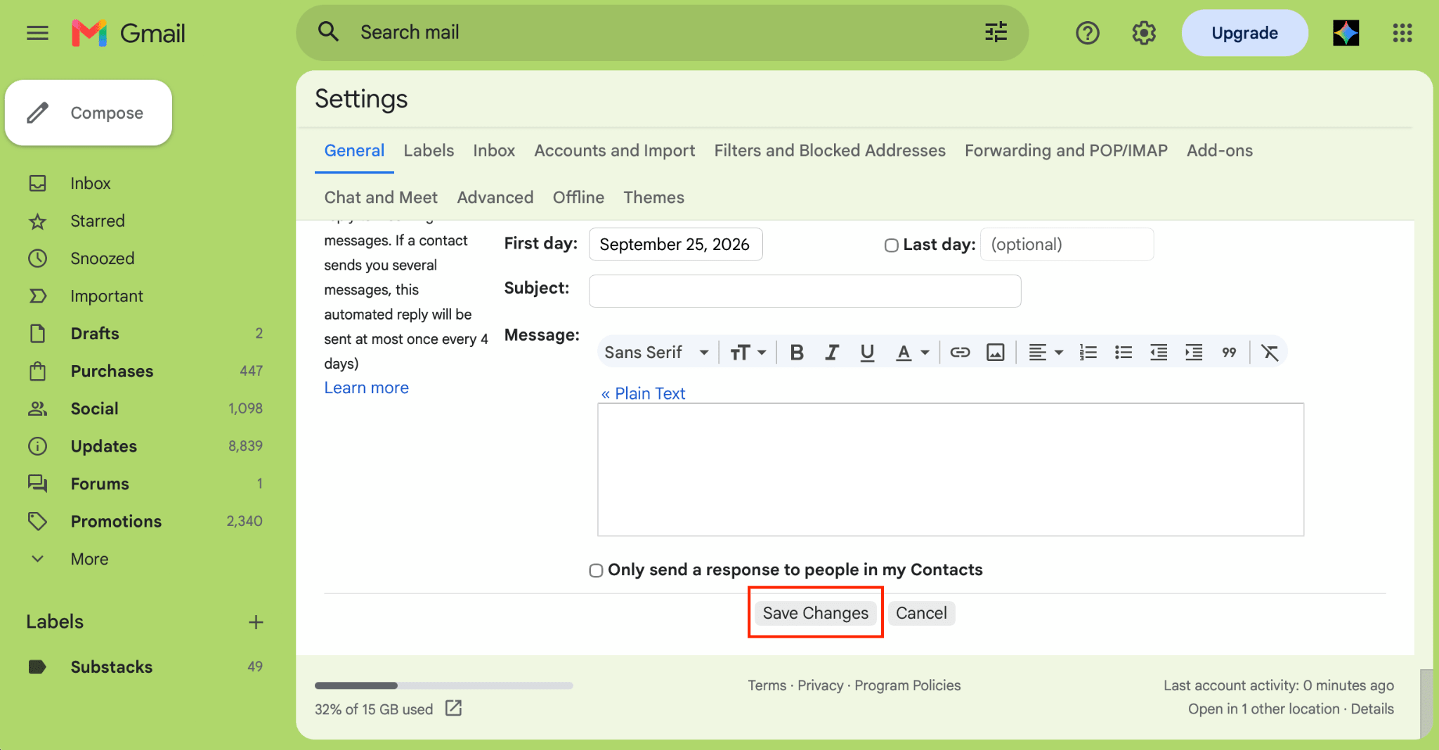 Gmail shows 'Save Changes' in general settings