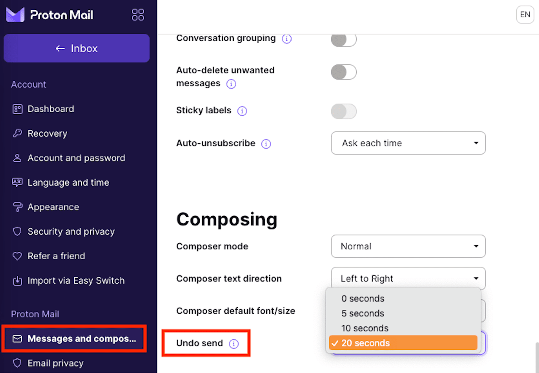 Proton Mail undo send settings