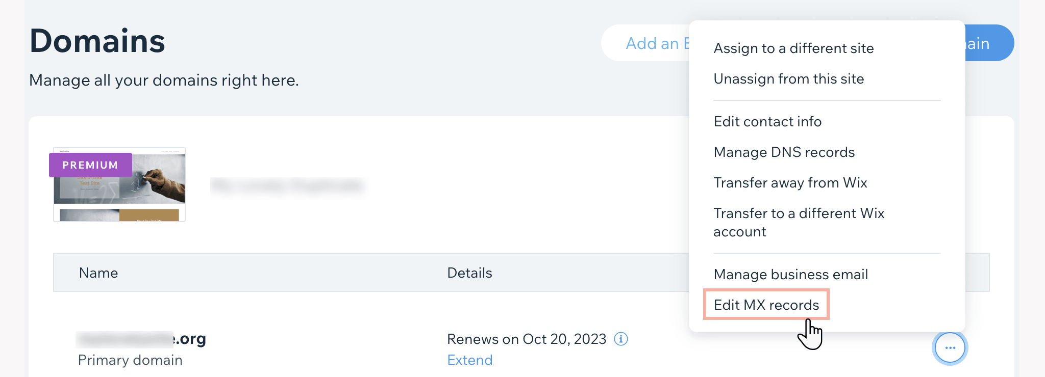 Wix account settings highlights "Edit MX records"