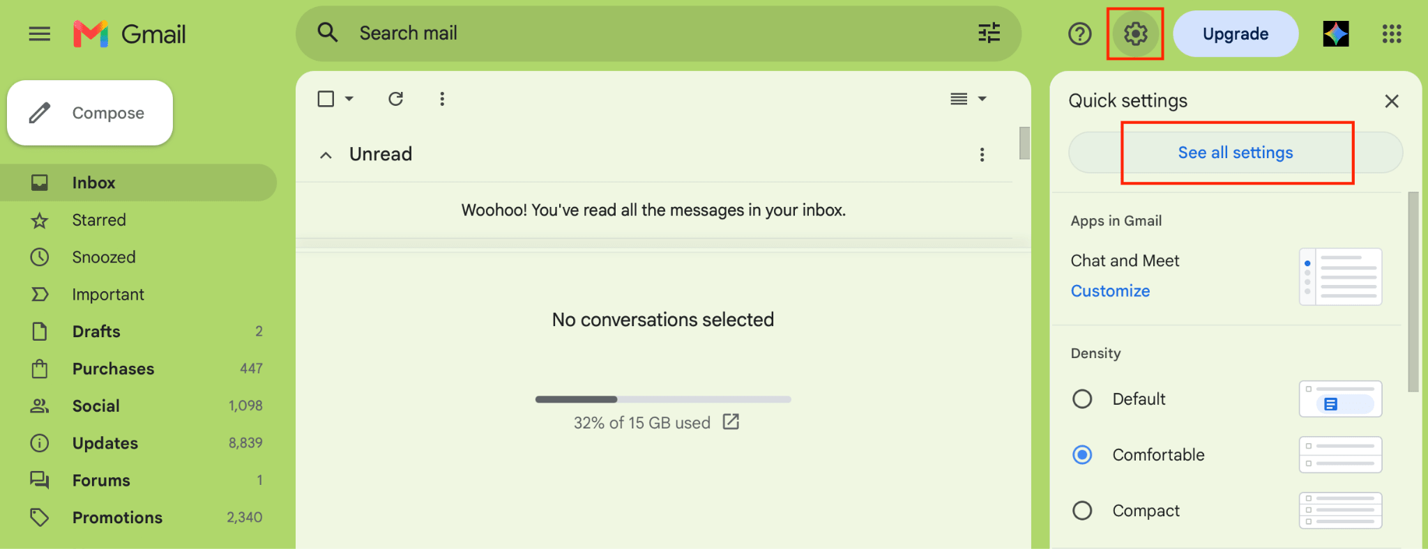 Gmail highlights 'See all settings'
