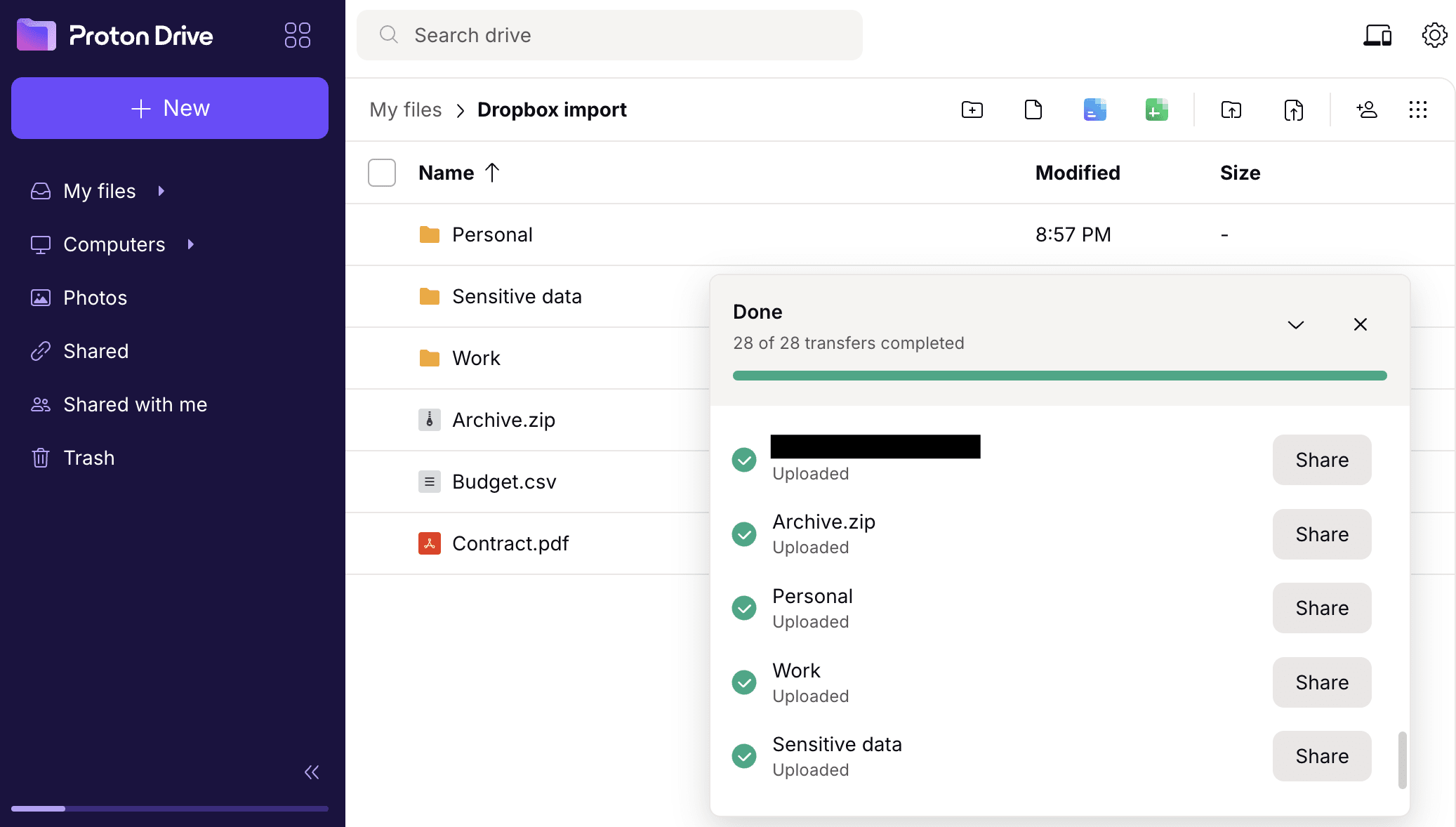 How to move Dropbox files to Proton Drive using the web app