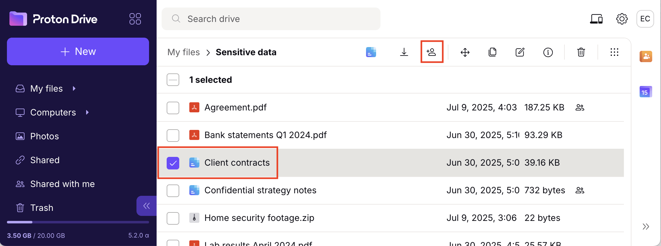 Proton Drive web app shows how to share a Proton Doc