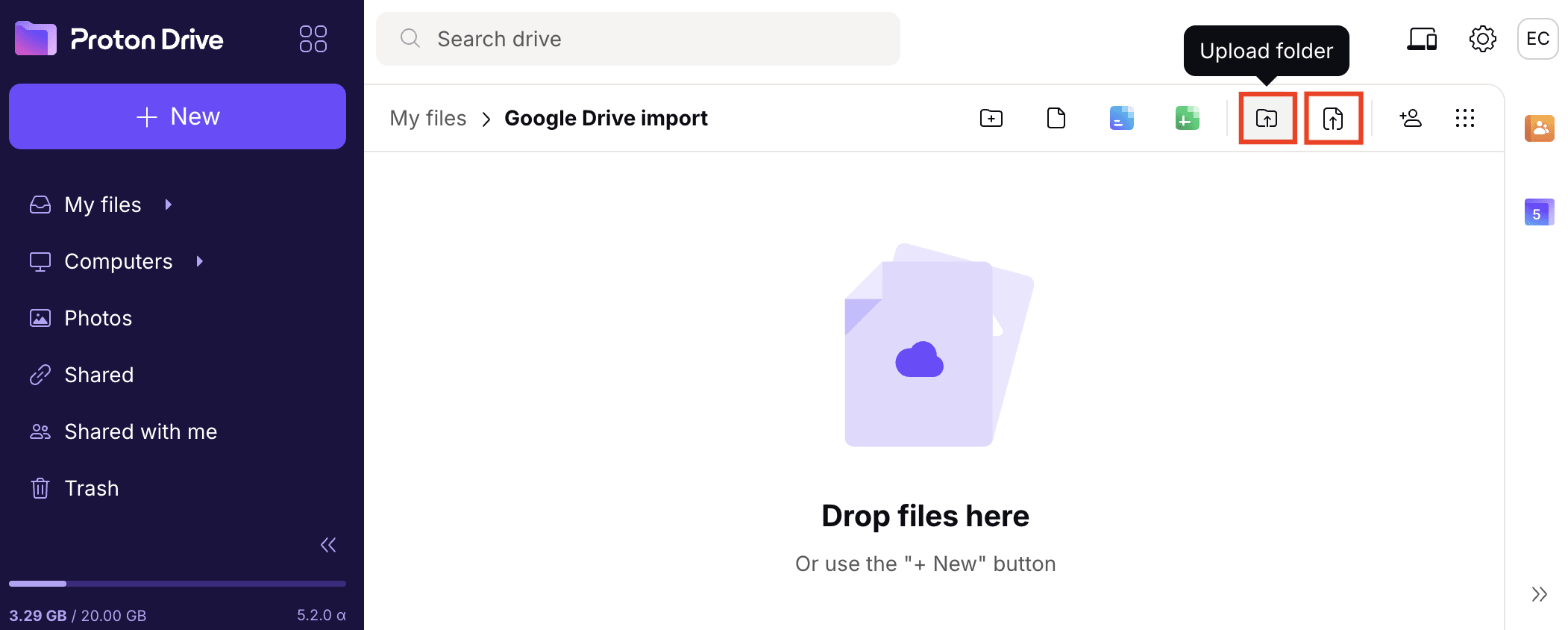 How to upload Google Drive files or folders to Proton Drive using the web app