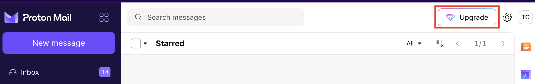 Proton Mail highlights the Upgrade button on the top right