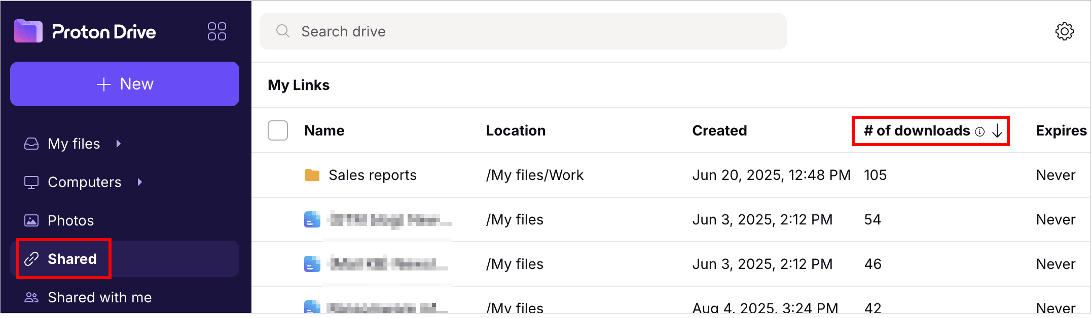Proton Sheets lets you track the number of downloads per file
