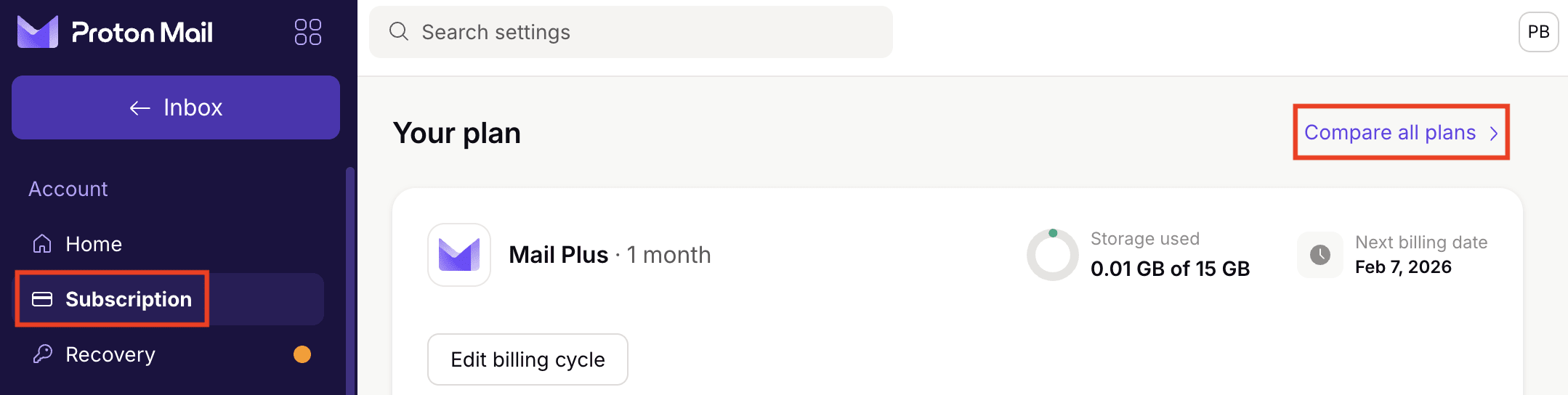 Proton subscription settings highlight the "Compare all plans" button