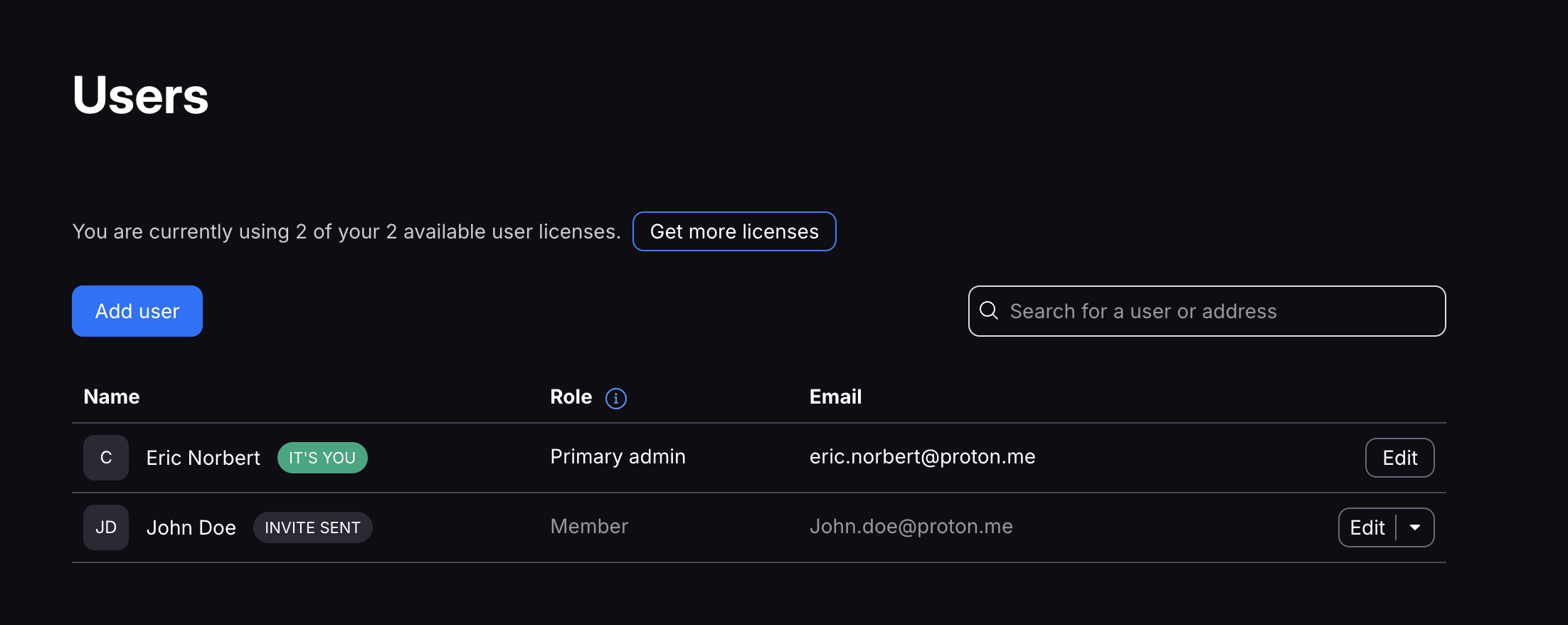 Screenshot of Users page in Proton Drive for Business