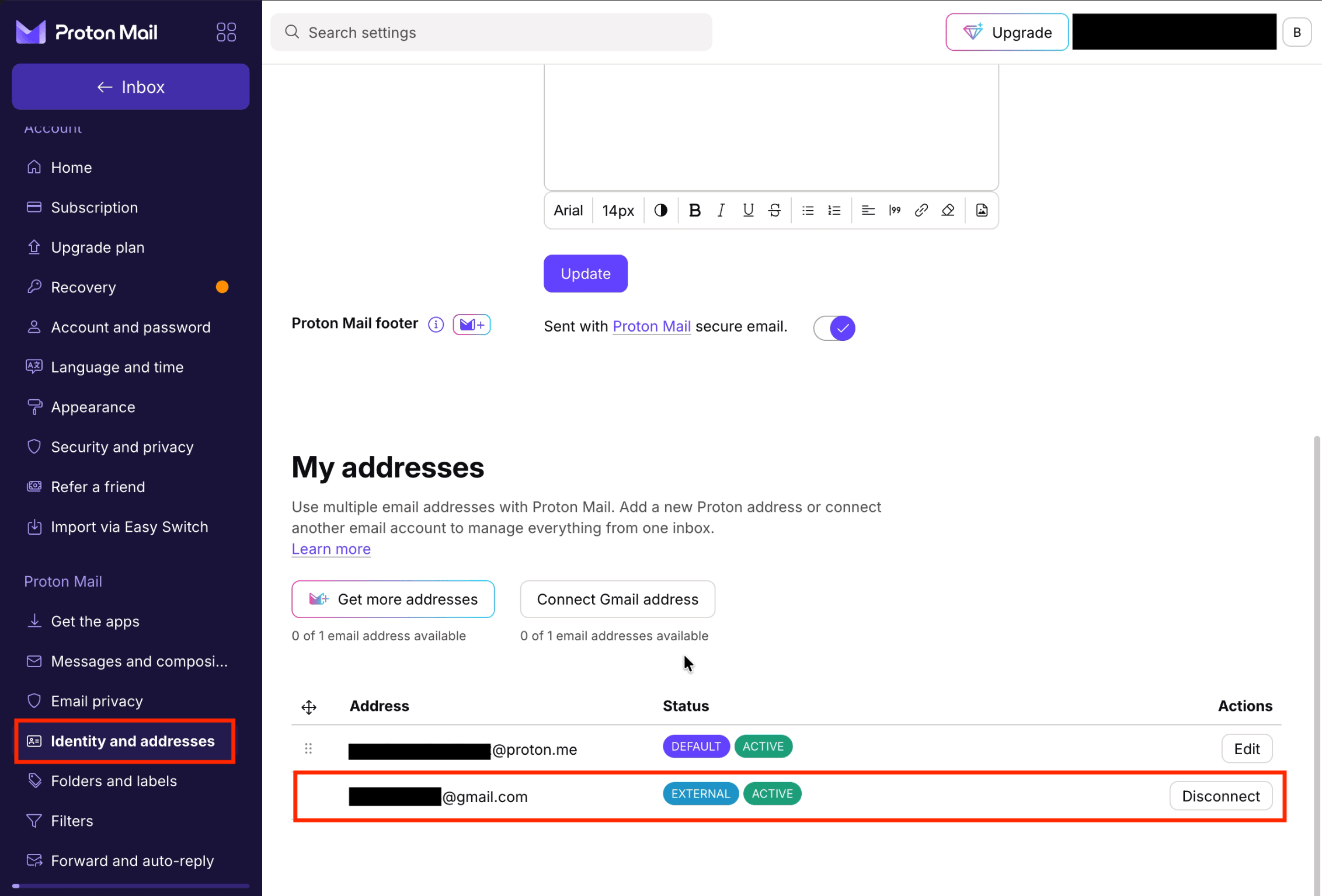 Proton Mail shows how to disconnect a Gmail account