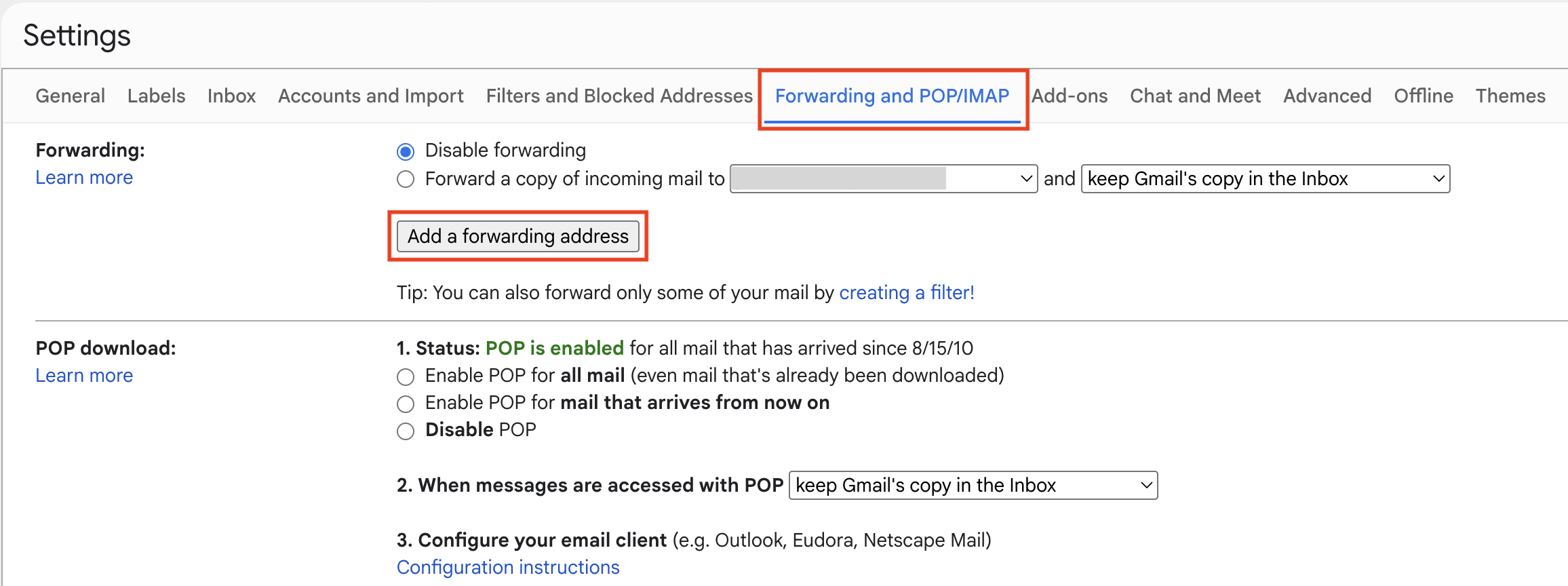 Gmail forwarding settings