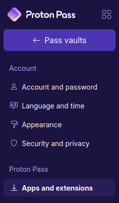 Apps and extensions in Proton Pass settings
