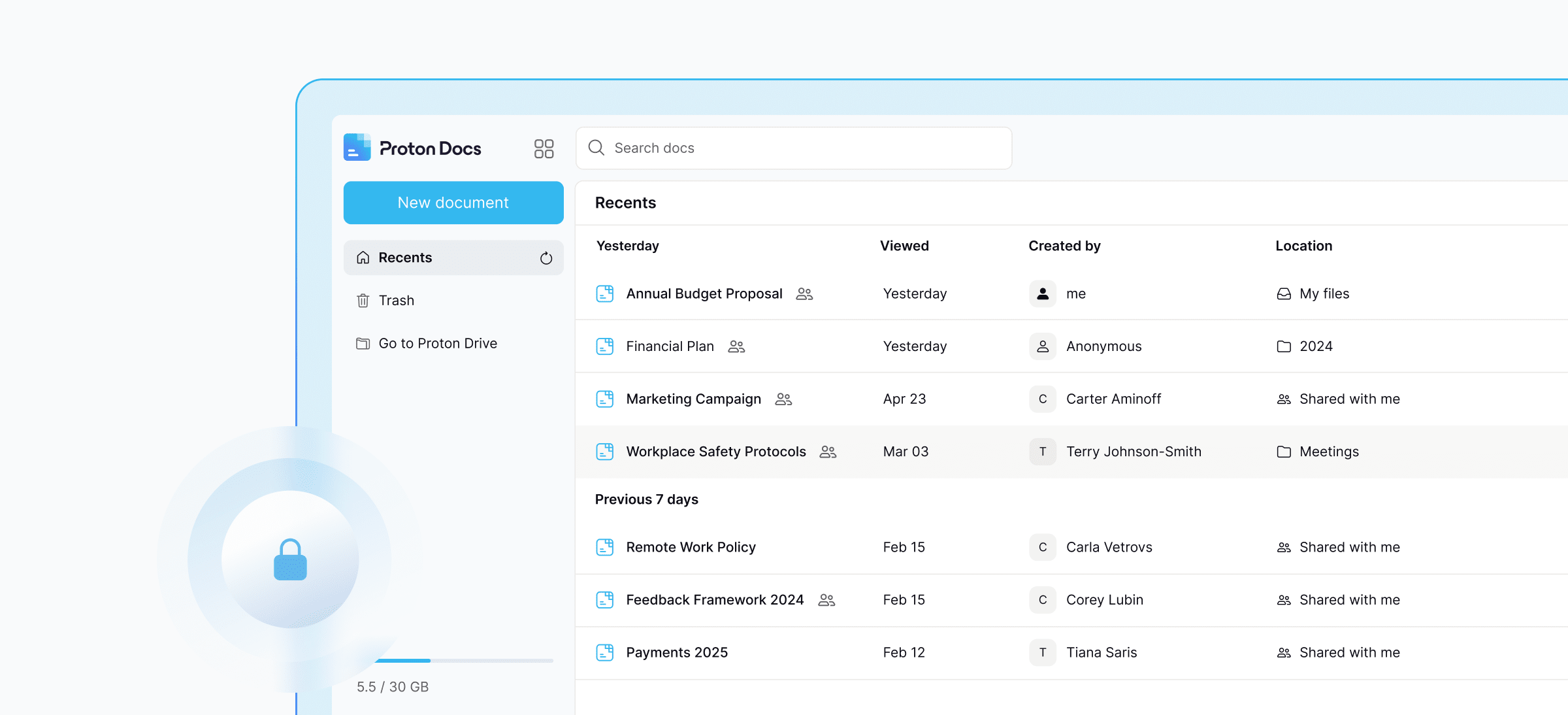 Easily find, access, and create new documents in the Proton Docs homescreen