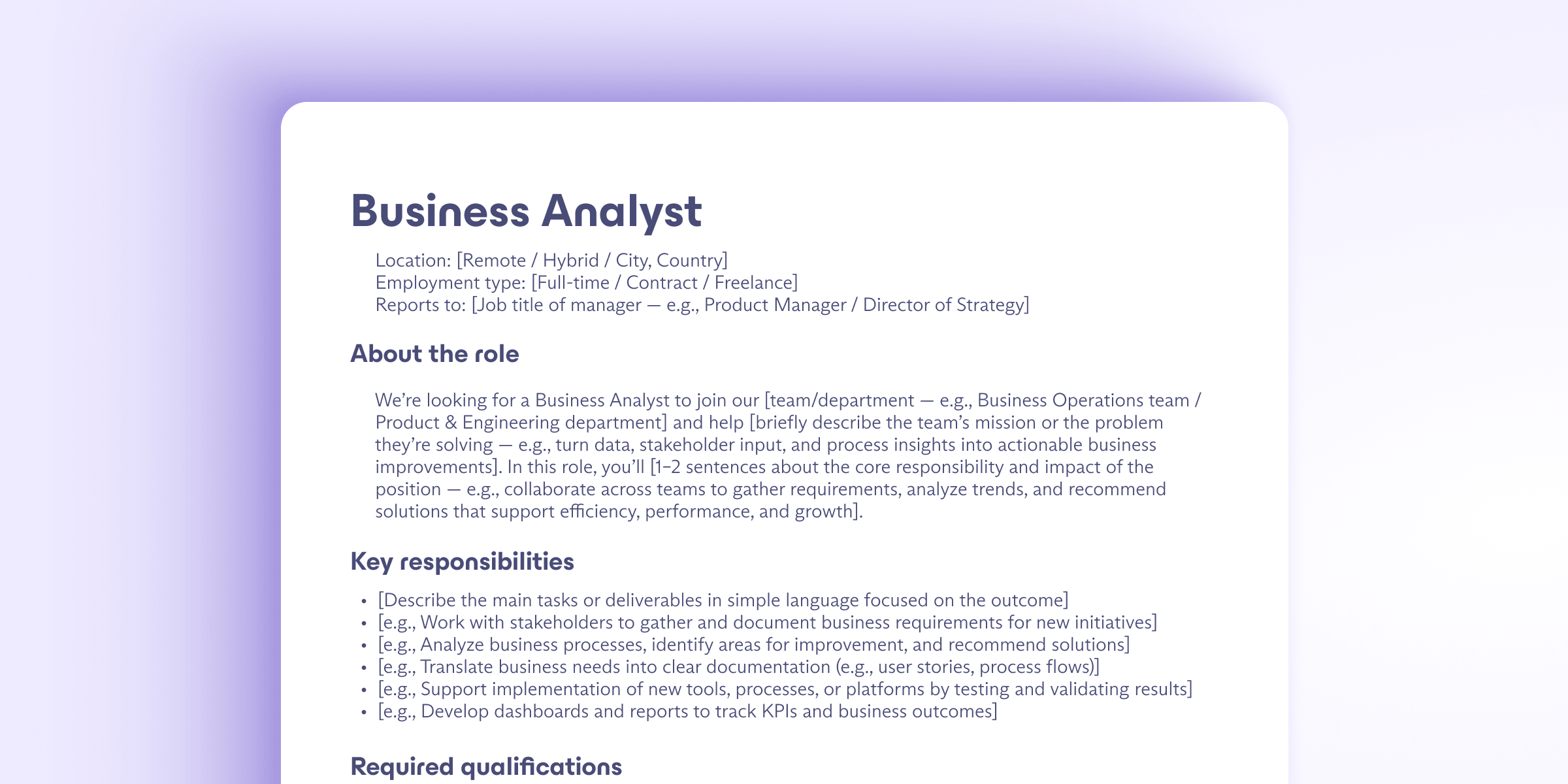 a preview of a business analyst job description template