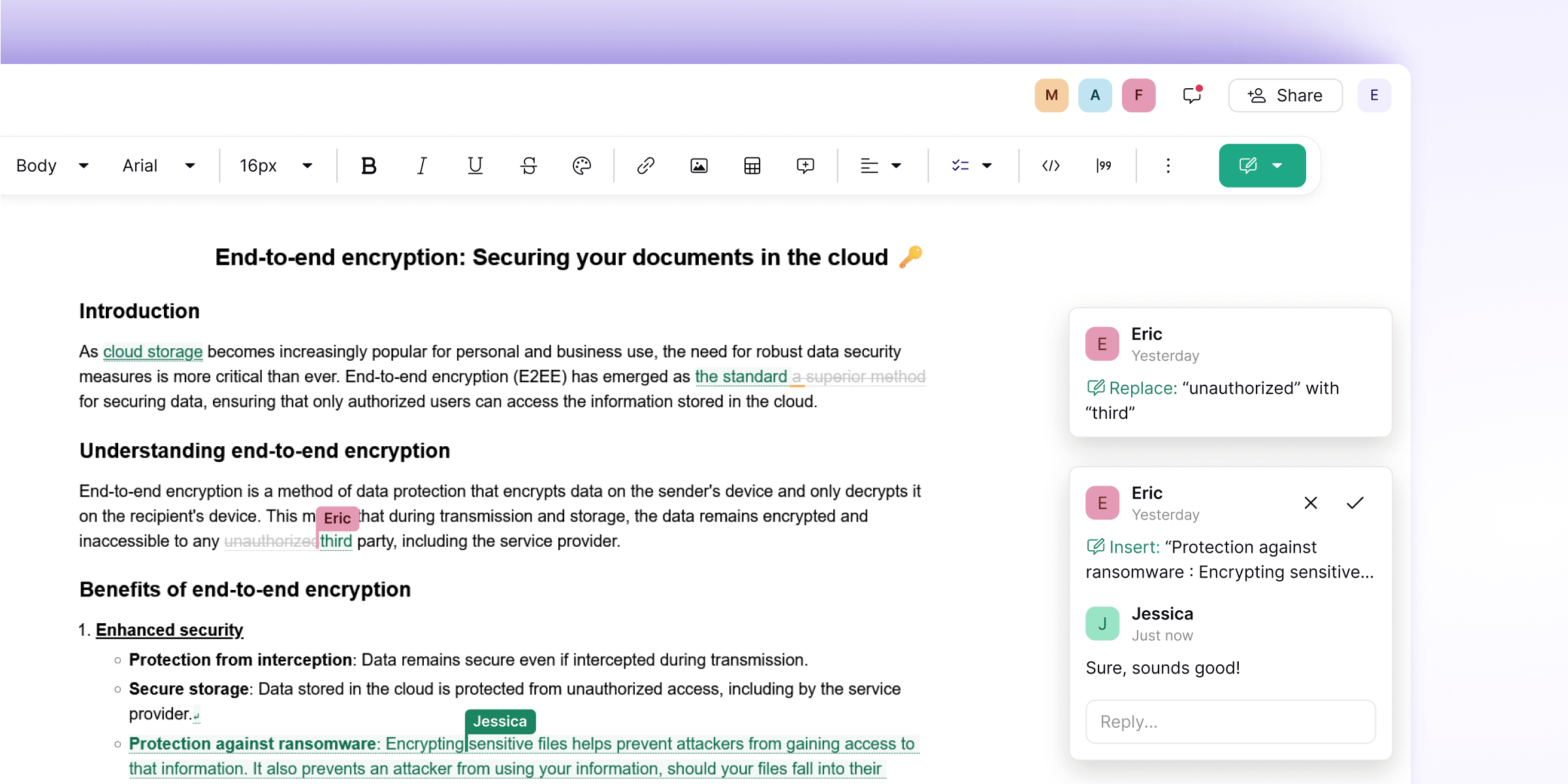 A preview of Suggesting mode in Docs in Proton Drive