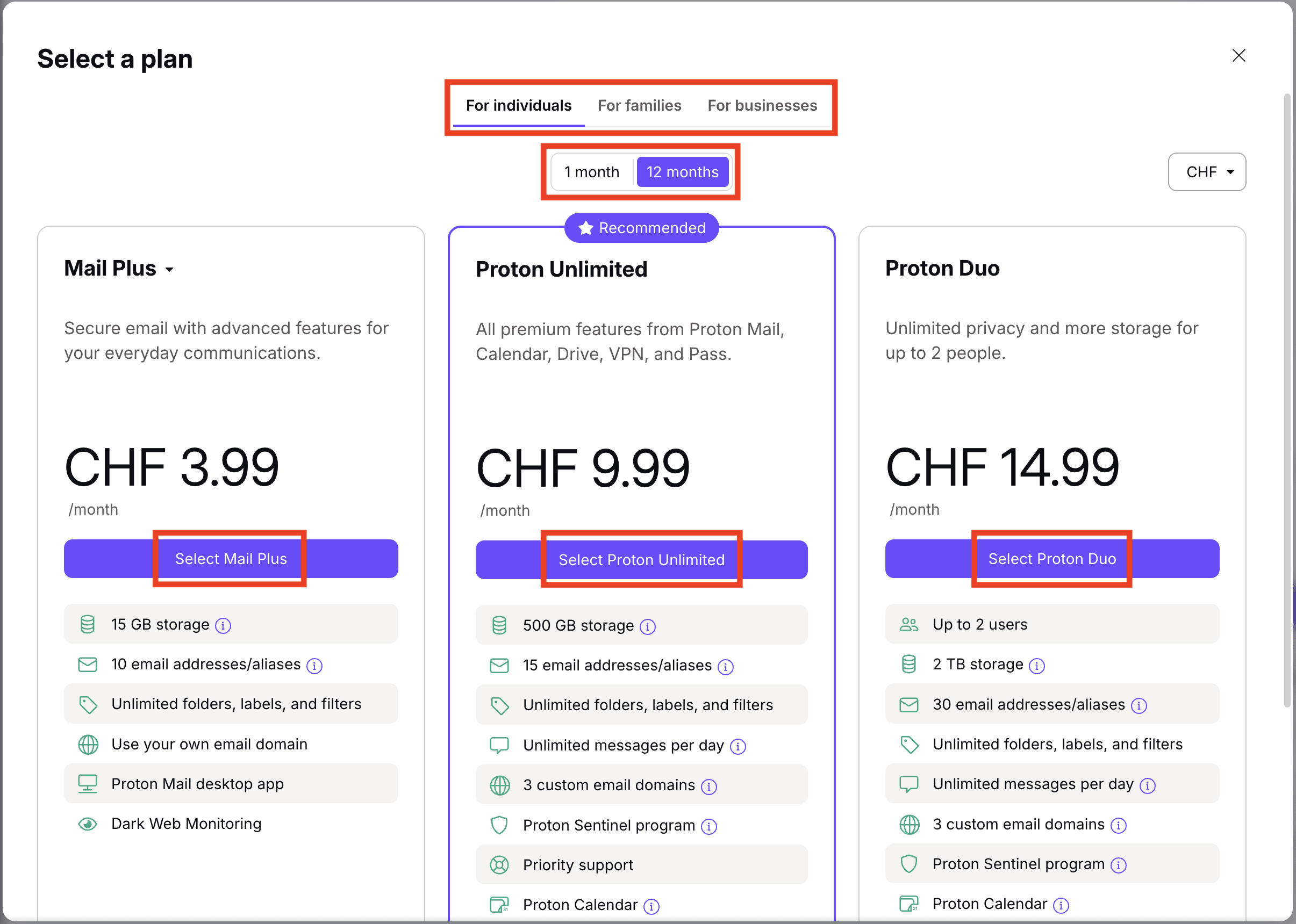 Select a Proton plan