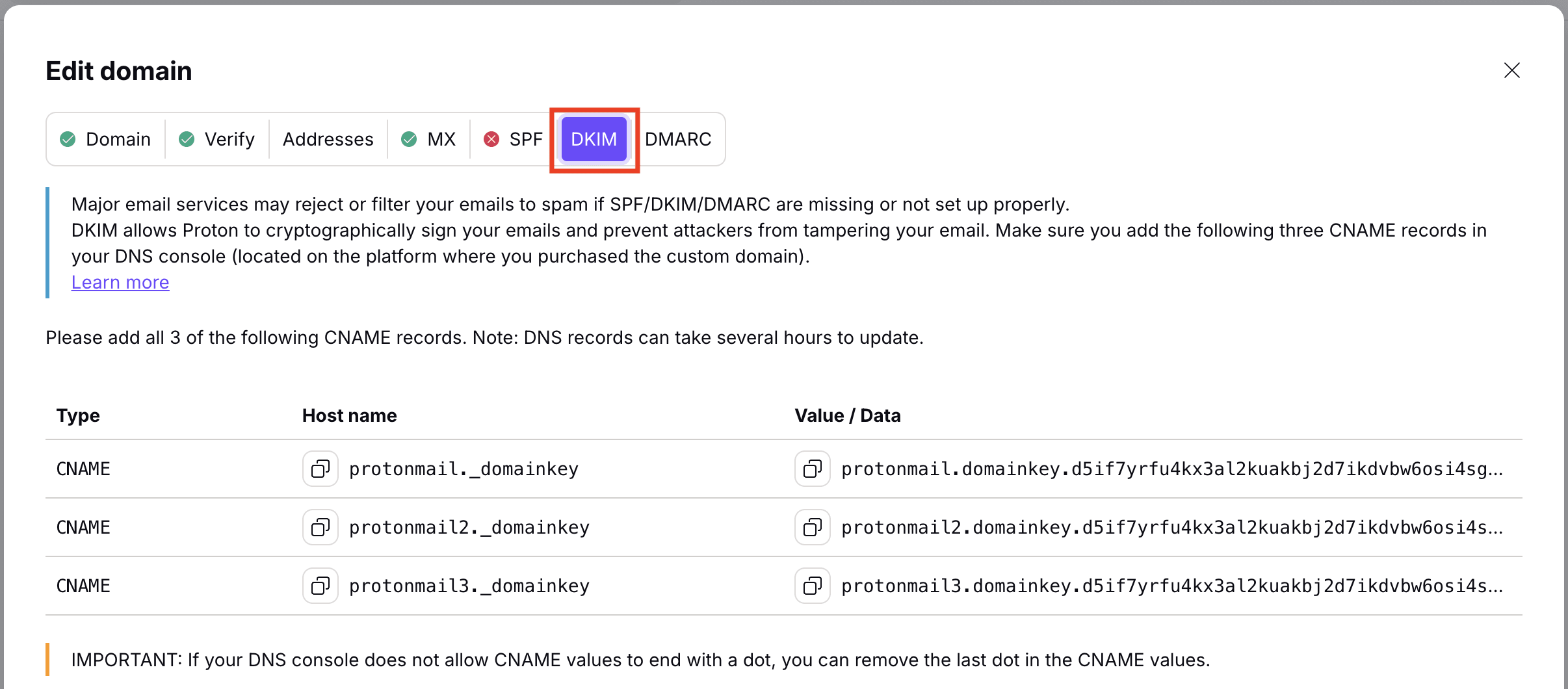 How to update your DKIM records when using custom domains in Proton Mail