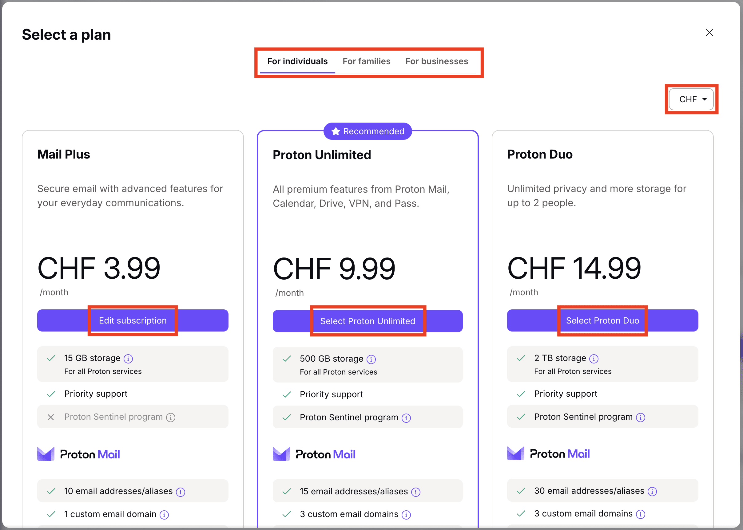 Select a Proton Plan