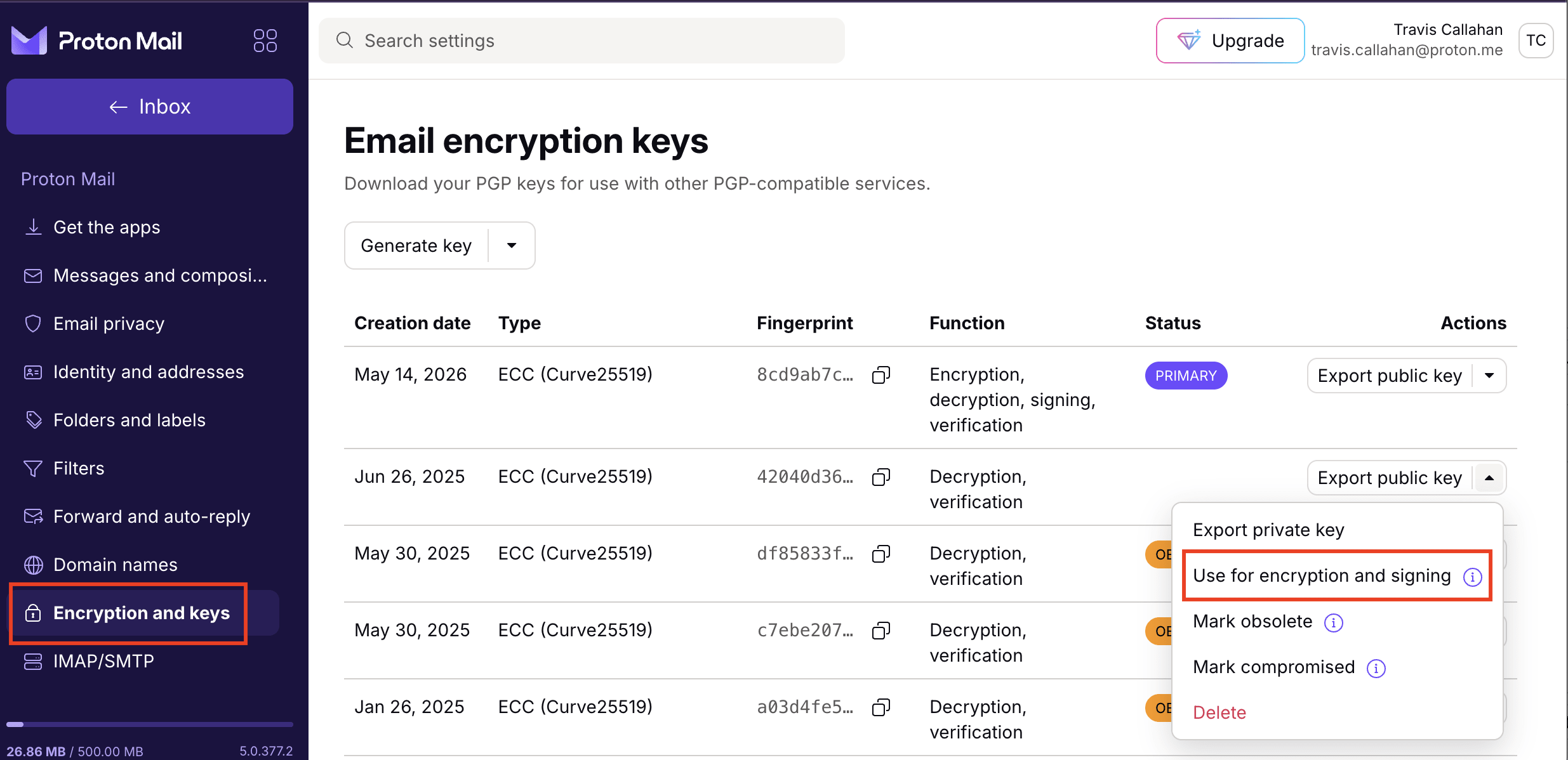 Proton Mail shows how to set a key for encryption and signing