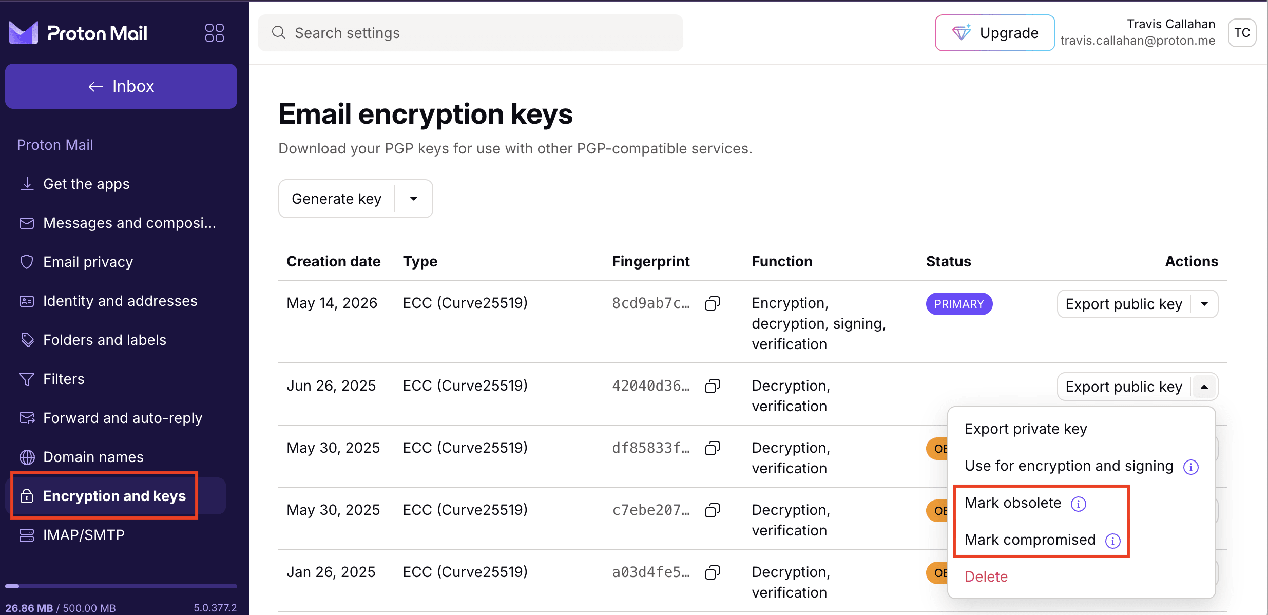 Proton Mail shows how to set encryption keys as compromised or obsolete