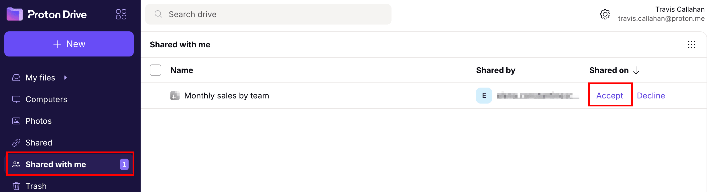 How to accept items shared with you in Proton Sheets