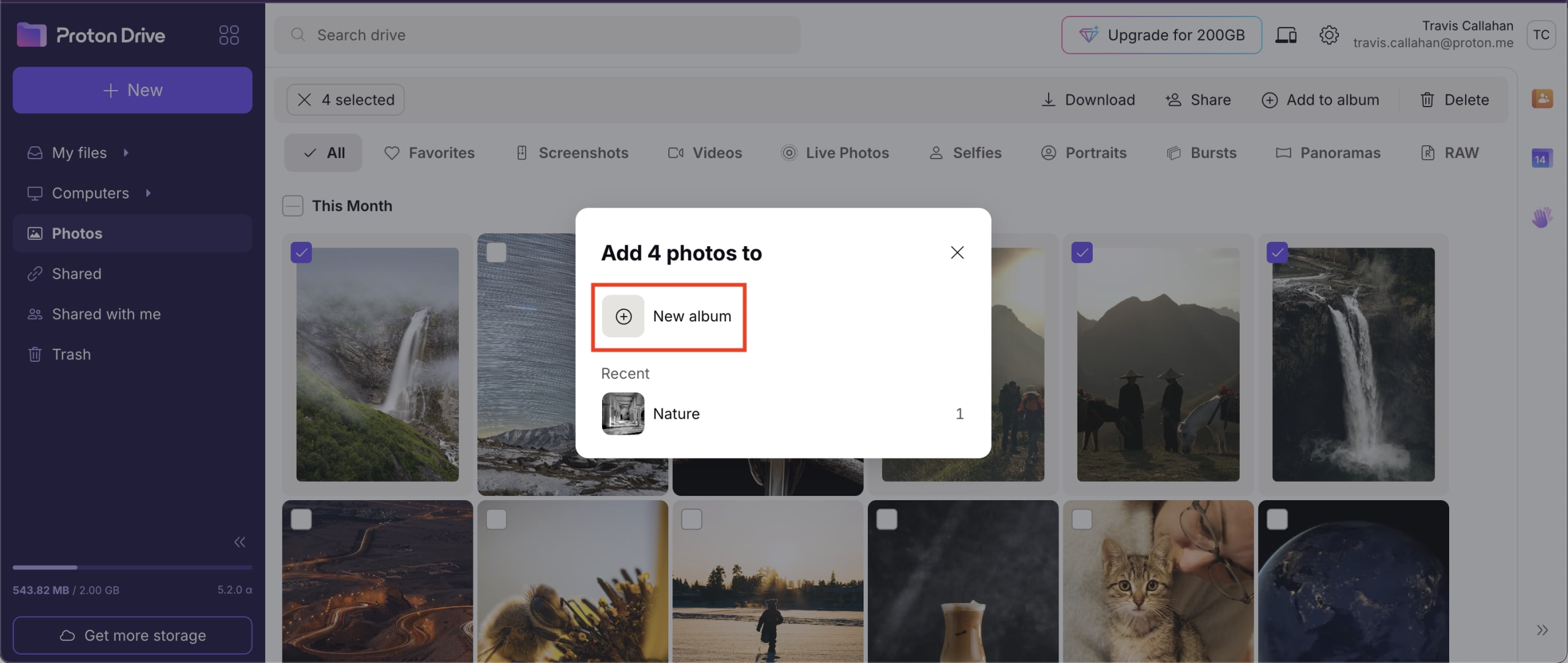 The Proton Drive web app shows how to add photos to an album