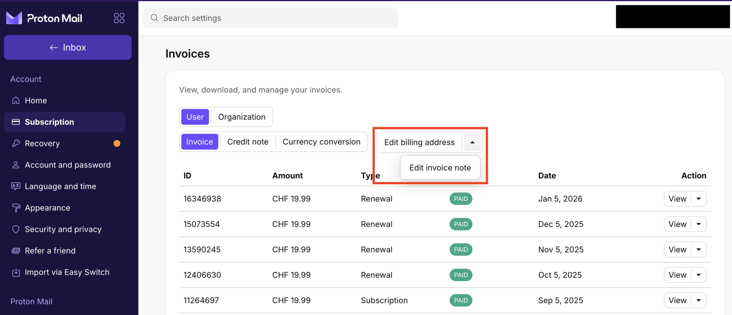 How to edit billing details or invoice notes in Proton Account settings
