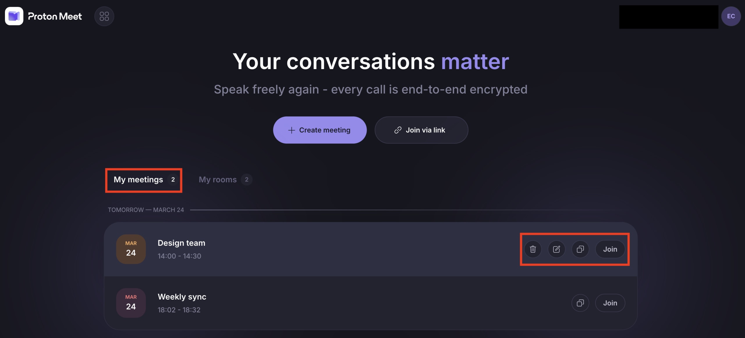 View and manage scheduled events in Proton Meet