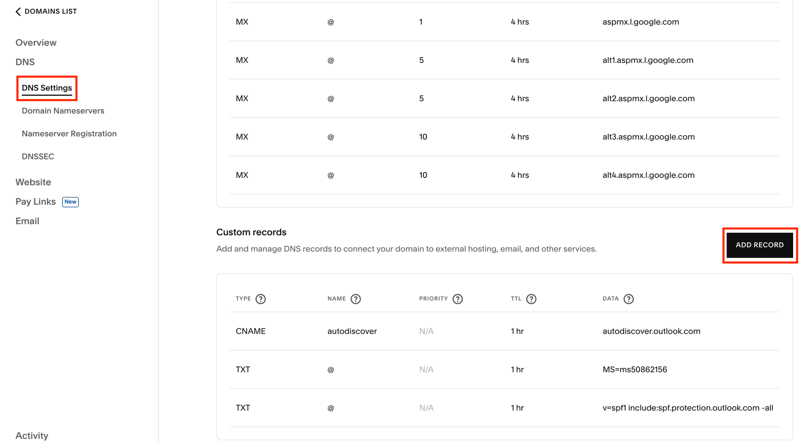 How to add a new record to Squarespace DNS settings