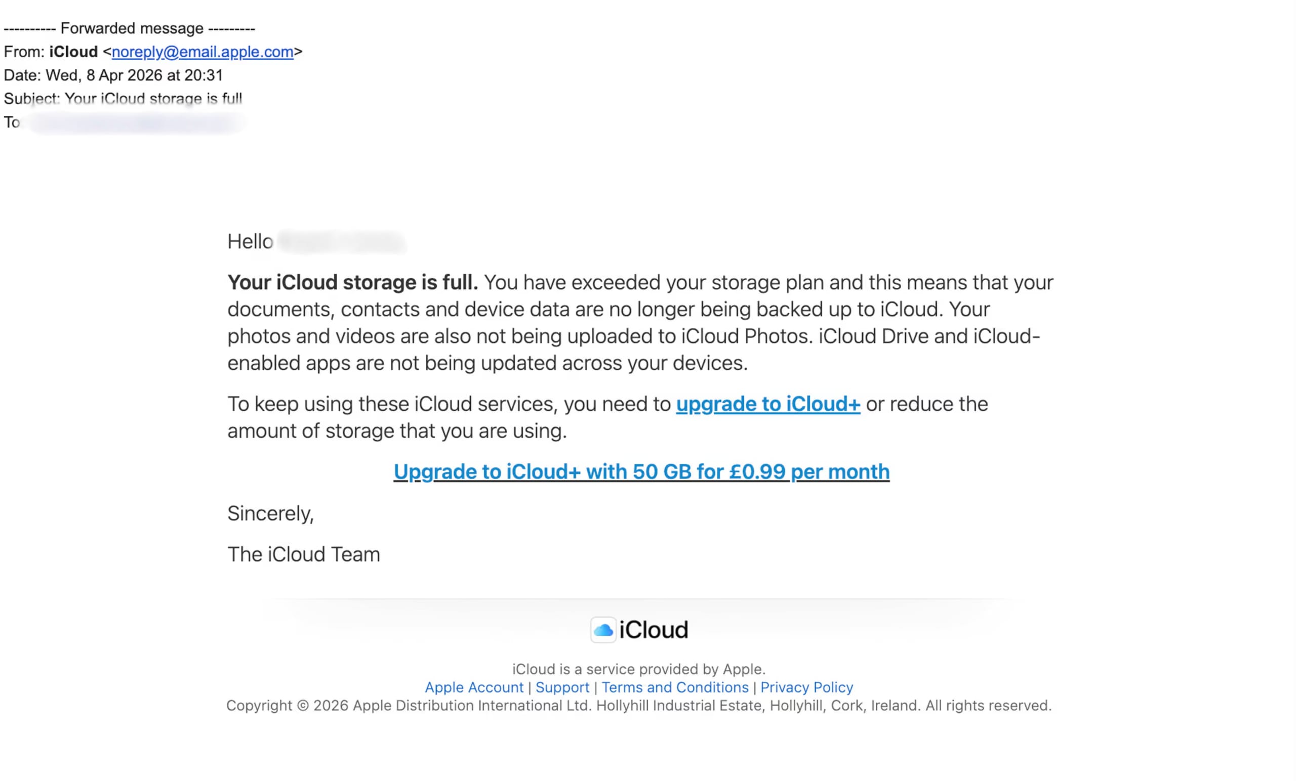 Example of a legitimate iCloud storage email