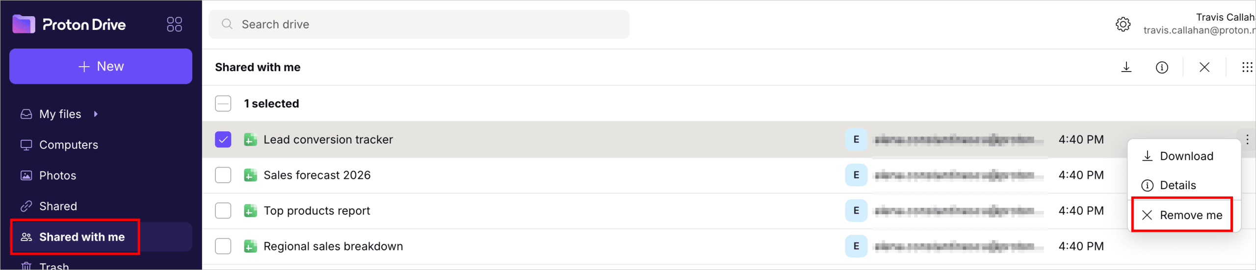 How to remove spreadsheets shared with you in Proton Sheets
